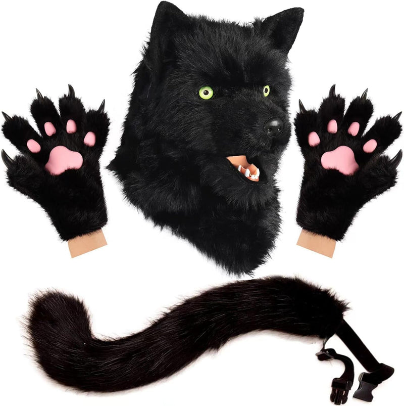 Animal Dog Head Mask Realistic Furry Plush Tail Claw Gloves Full Wolf Masks for Halloween Party Carnival Cosplay