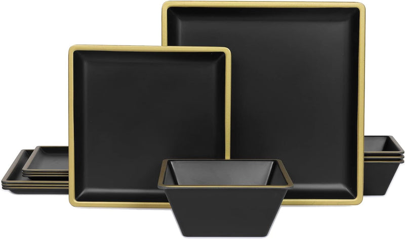 12 Piece Melamine Plates and Bowls Sets Square Dinner Set with Plates, Dishes, Bowls, Black Square Dinnerware Sets -Serving Platers for 4 Dishwasher Safe