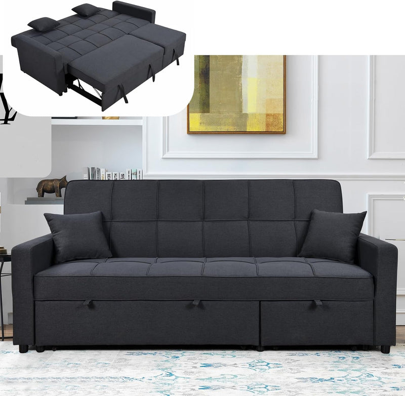 Umwandelbares Schlafsofa, 4-in-1-Schlafcouch mit ausziehbarem Doppelbett und verstellbarer Rückenlehne, 3-Sitzer-Schlafsofa aus Leinen für das Wohnzimmer, Kingsize, Nr. 1-Schwarz