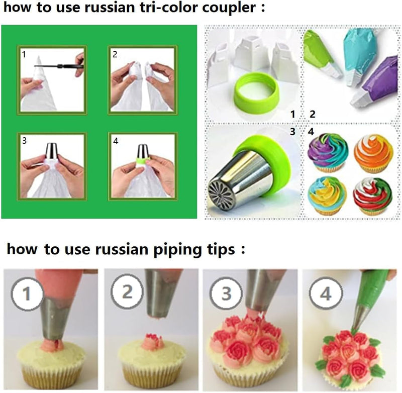 193 Pcs Russian Piping Tips Set, with 28 Numbered Russian Tips,48 Numbered Icing Tips,1 Ball Tip,2 Leaf Tips,Pattern Chart,100 Pastry Bags,4 Couplers,6 Bag Ties for Cake Decorating