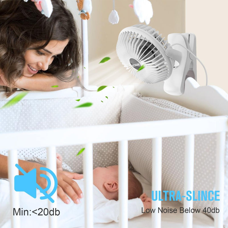 BESKAR Clip on Fan, 360° Rotation Quiet Stroller Fan with Strong Airflow,3 Speeds, Portable Small Fan with Sturdy Clamp,Perfect Personal Cooling Fan for Office Table Bedroom Kitchen