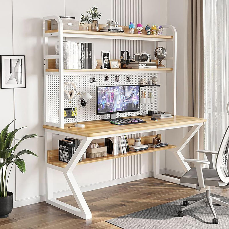Computer Desk with Pegboard & Shelves,47 Inches Home Office Desk with Hutch and Storage,Industrial Gaming Desk Pc Desk,Study Writing Table Workstation for Home Office(100Cm/39.3", White Wood)