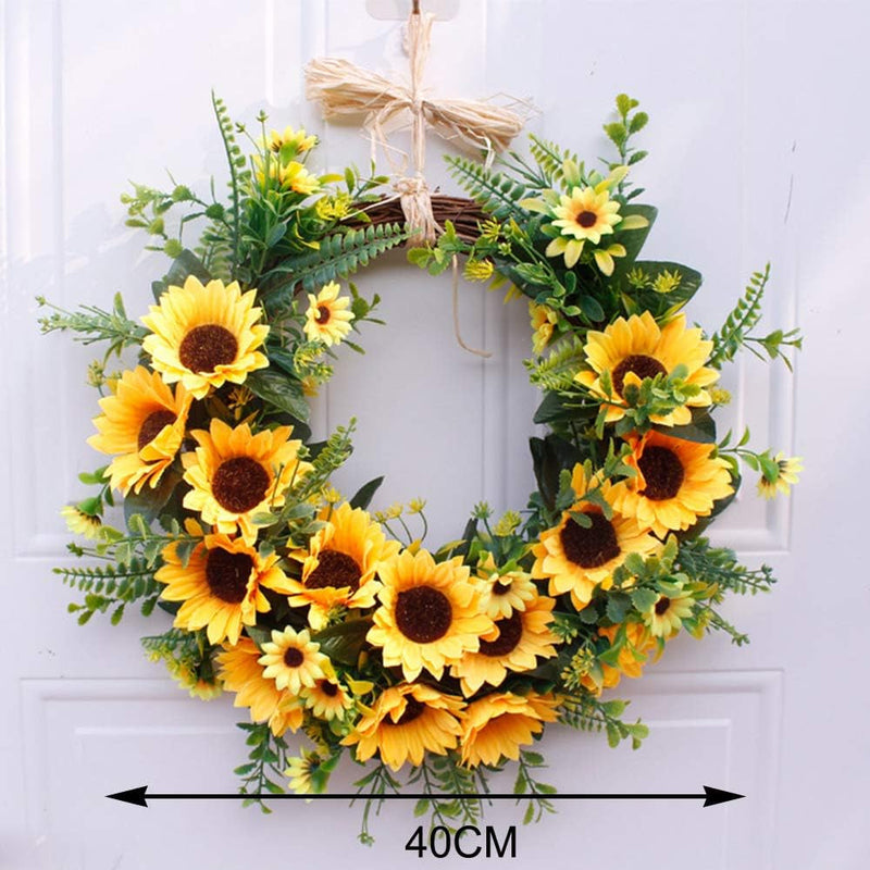 DAMEING Artificial Sunflower Summer Wreath, 15.7Inch Decorative Floral Wreath with Yellow Sunflower and Green Leaves Front Door Wreaths for All Seasons