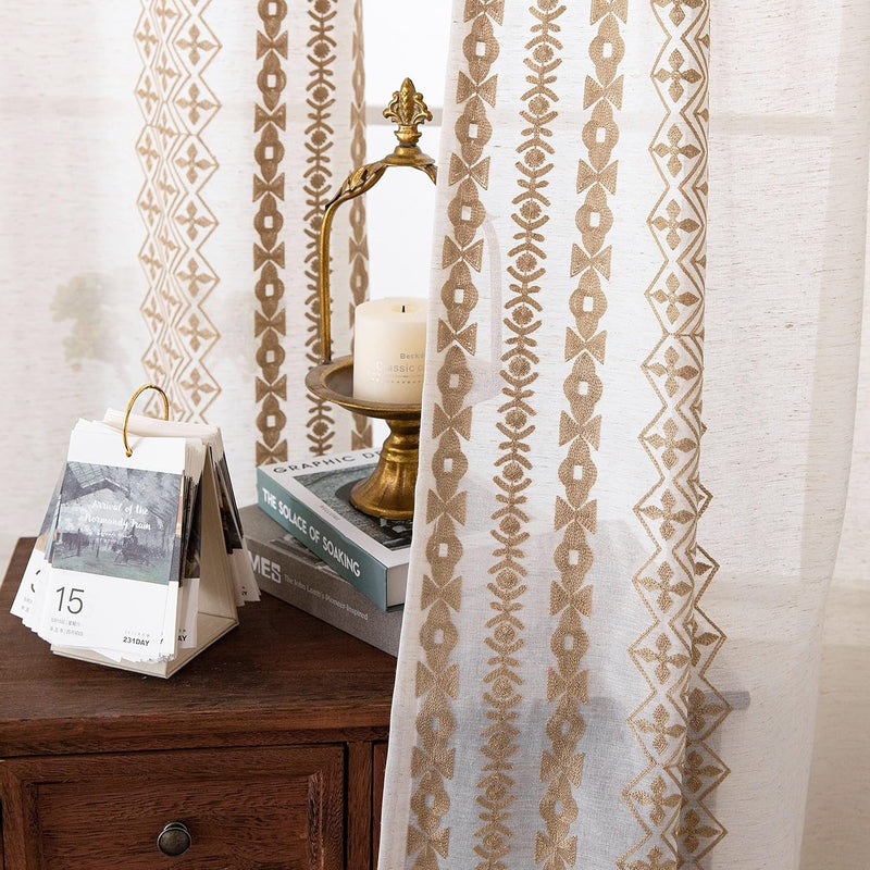 Boho Curtains for Living Room Bedroom Cream Sheer Curtains 84 Inches Long 2 Panels Set Grommet Beige Embroidered Curtains Neutral Bohemian Window Curtains for Rustic Farmhouse Decor, 52X84 Taupe