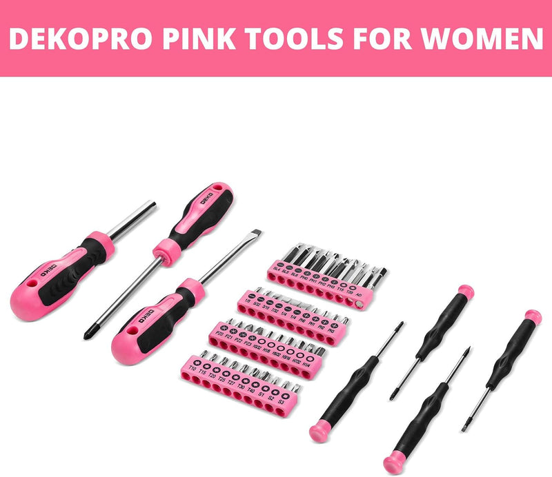 DEKOPRO Pink Tool Set for Women Ladies Girls, 226-Piece Household Hand Tool Kit with Wide Mouth Open Storage Tool Bag for DIY, Home and Equipment Maintenance