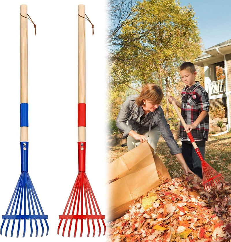 2Pcs Kids Rake Garden Tool Set Toy,Child Size Lawn Small Rakes and Garden for Leaves,Wooden Gardening Toy Rakes with Detachable Handles Outdoor Toys Gift for Boys and Girls