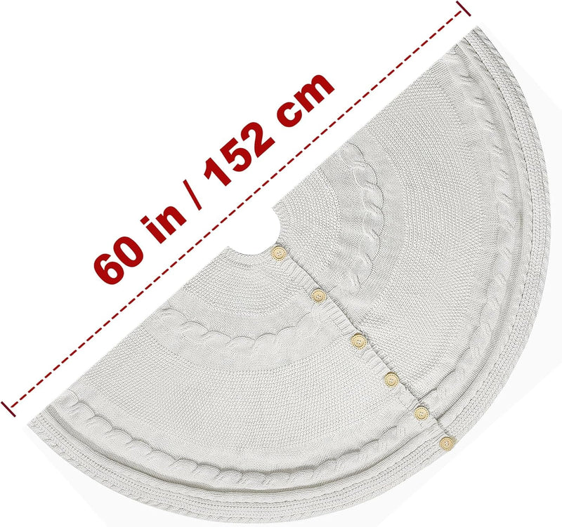 60-Inch Deluxe Cable Knit Christmas Tree Skirt with Oak Buttons, Cream White