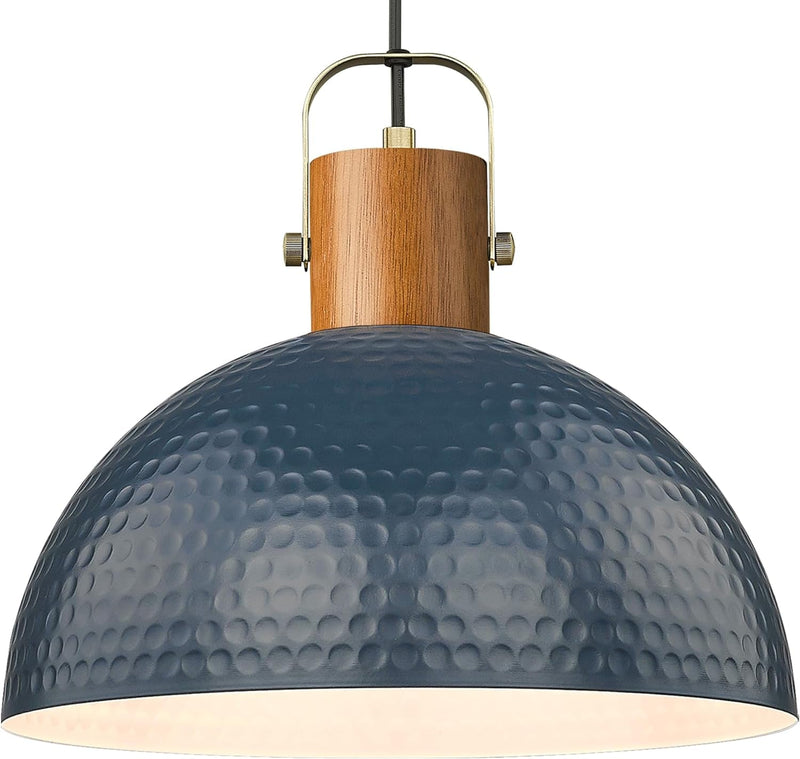 ELYONA Large Pendant Light Fixtures, 16 Inch Wood Dome Ceiling Hanging Lamp with Hammered Metal Shade, Black Modern Chandelier for Kitchen Island, Bar, Farmhouse, Dining Room, Hallway