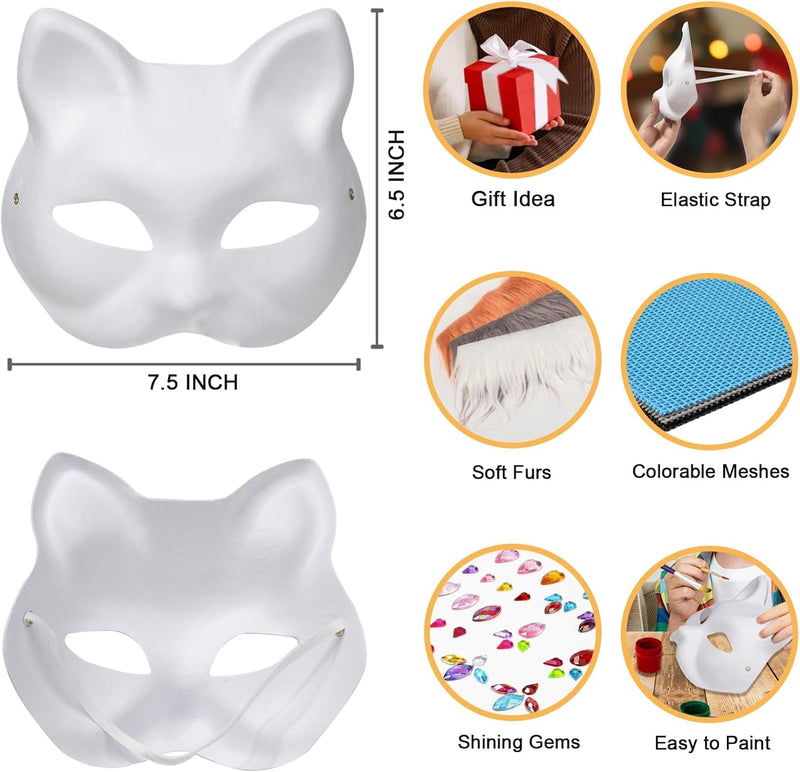 Cat Fox Mask 3PCS with Furs Eye Meshes and Gem Stickers, Therian Dress up Masks to Paint, Animal Mask Arts Crafts Kit, Costume Masks for Halloween Masquerade Cosplay Party Interaction