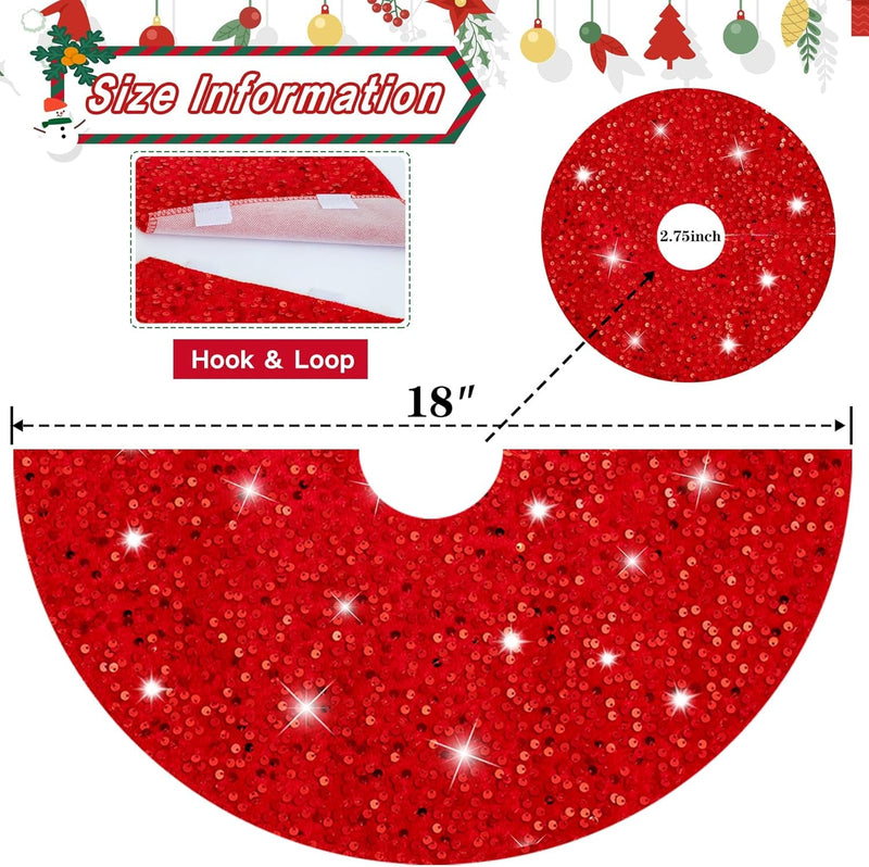 Christmas Tree Skirt Tree Cover 18 Inches Sparkly Sequins Glitter Christmas Classic Tree Skirt Party round Skirt for Xmas Home Decorations, Red