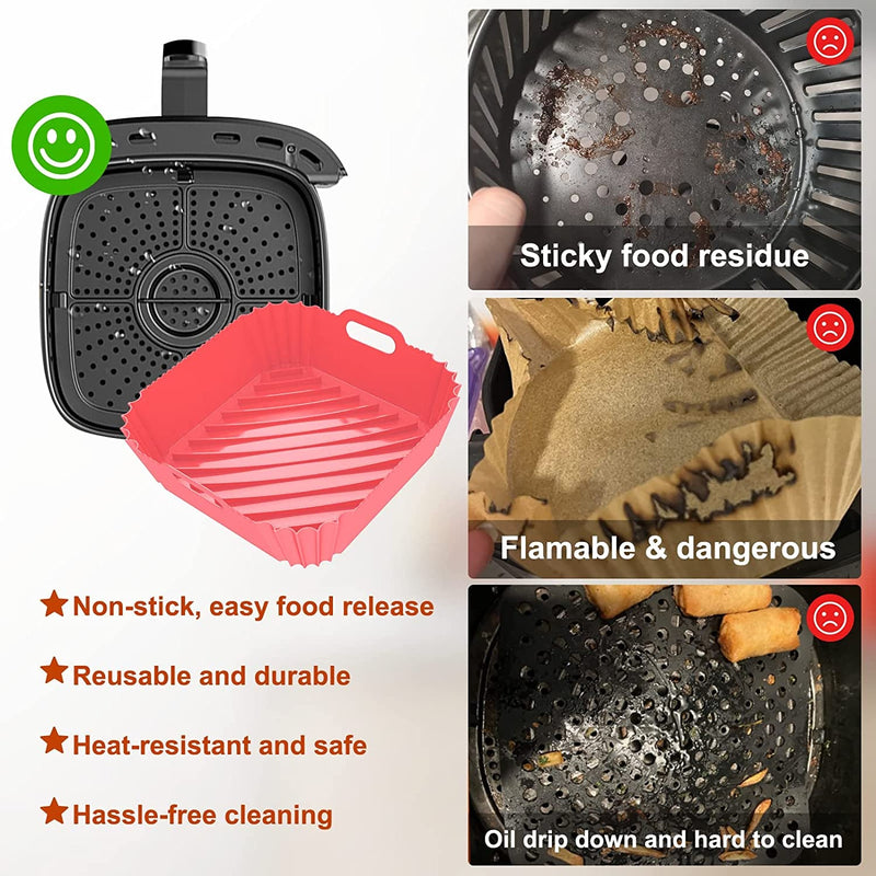 Air Fryer Silicone Liners Square 2 Pack 7.1 Inch Airfryer Liners 4-7 QT Reusable Air Fryer Liners Silicone Pot Oven Liner Baking Tray, Air Fryer Basket Silicone Mat Bowl Air Fryer Accessories Kitchen