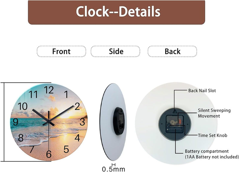 Beach Wall Clock Battery Operated 12 Inch - Glass Wall Clock Non Ticking - Analog Blue Wall Clock for Bedroom Living Room Kitchen Bathroom Office