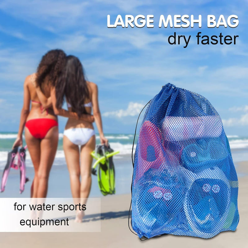 3 Pack Mesh Gear Bag Oversized 19" X 27" for Snorkel Scuba Swim Dive Gear Oversized Drawstring Net Bag for Sports Equipment, Gym, Beach, Pools Toys, Balls, Laundry, Scalloping Collect, Black & Blue