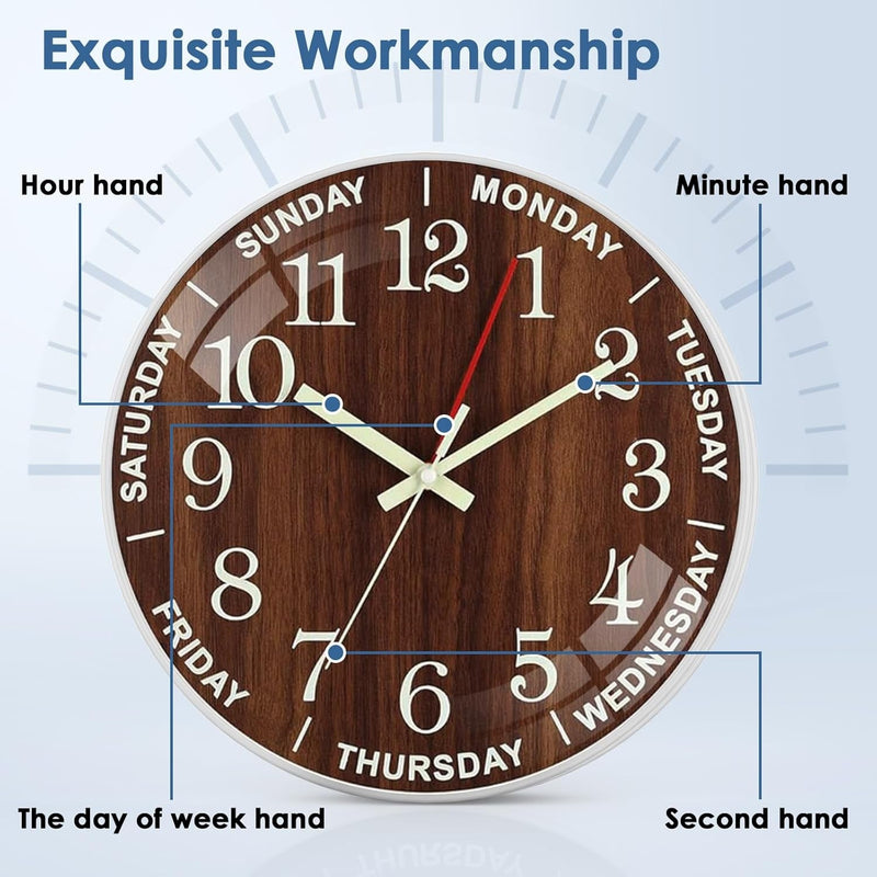 12 Inch Day of Week Wall Clock, Non Ticking Modern Clocks Battery Operated，Analog Day Clock for Seniors Eldly，Classic for Office Home Classroom School Living Room,Unique Gift Clock(Brown)