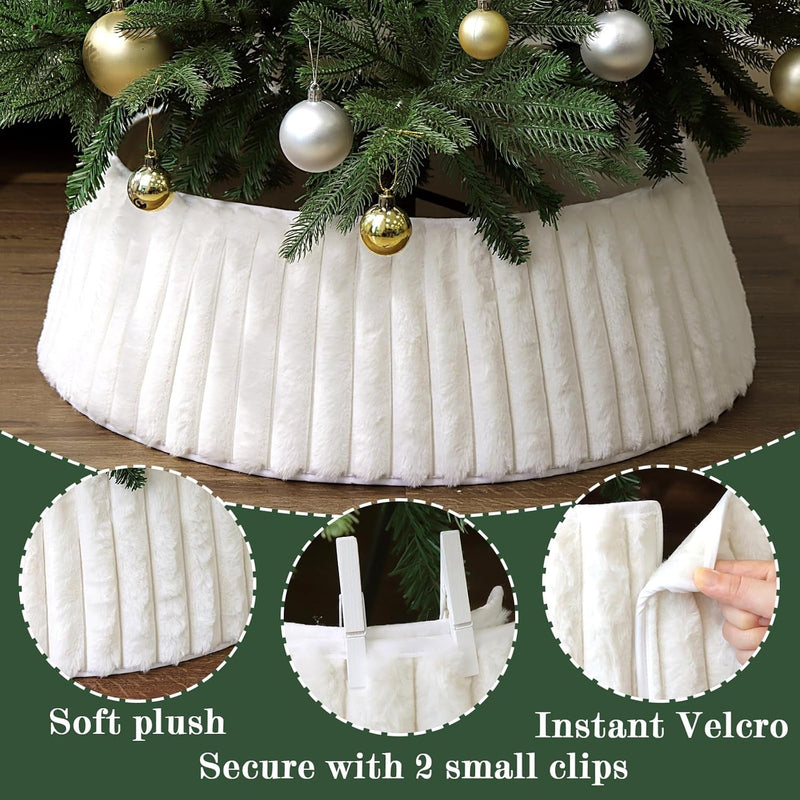 Christmas Tree Collar, Rustic White Luxury Plush Faux Fur Tree Collar with Stripe Textured Pattern, Soft Fluffy Xmas Tree Ring Boho Tree Skirt for Holiday Decorations Indoor Home Decor