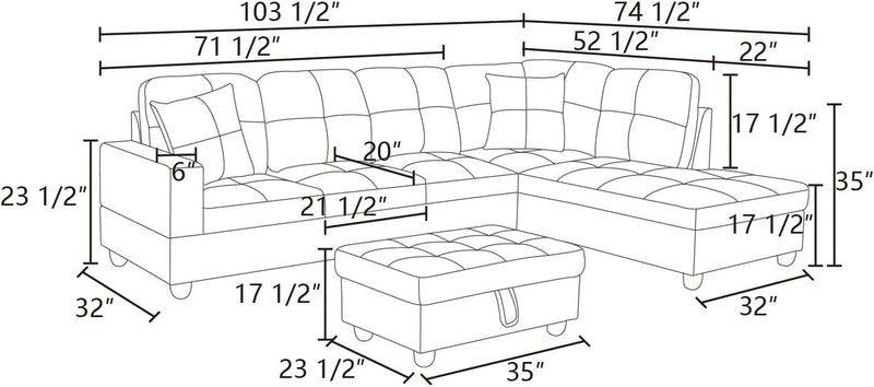 103 Inch L Shape 3 Piece Sectional Sofa Set, Upholstered Corner Couch with Storage Ottoman & Right Chaise Lounge, Faux Leather Tufted Cushions, for Living Room, Apartment, Brown