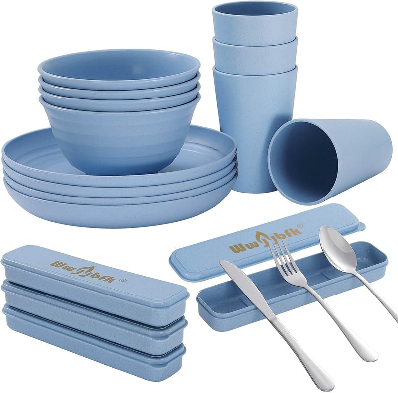 28Pcs Wheat Straw Dinnerware Sets for 4, Microwave Safe Wheat Straw Plates and Bowls Sets, Large Plates, Bowls, Cups