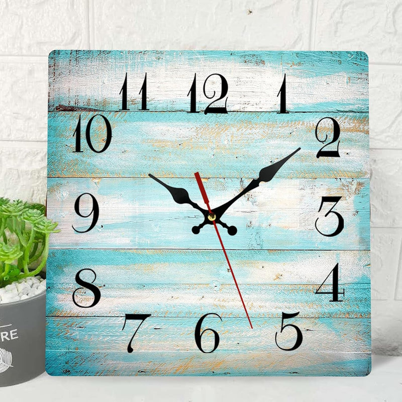 Artsocket Wooden Wall Clock Silent Non-Ticking, Green Blue Grey Teal Abstract Painting Gray Square Rustic Coastal Wall Clocks Decor for Home Kitchen Living Room Office, Battery Operated(12 Inch)