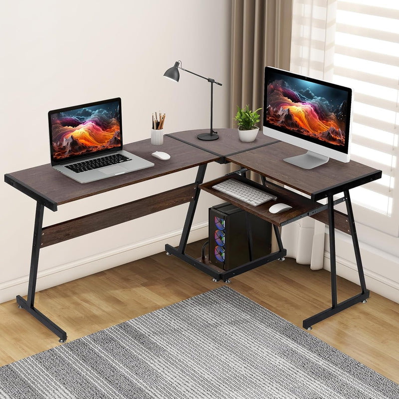 Airdown 57 Inch Reversible L Shaped Home Office Computer Desk with Keyboard Tray & CPU Stand for Bedroom, Dorm, Study Room, Chestnut
