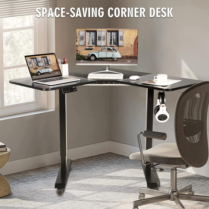 COSTWAY L Shaped Electric Adjustable Desk, L-Shaped Standing Computer Desk W/Splice Tabletop, 2 Hooks & Rolling Casters, Sit-Stand Corner Desk W/ 4 Memory Positions for Home Office (Black)