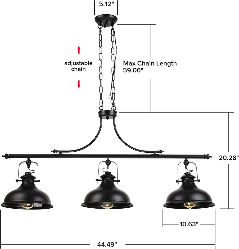 Gzbtech Vintage 3-Light Pendant Lighting Fixture, 59.06'' H Adjustable Rustic Hanging Billiard Light over the Pool Table, Industrial Black Metal Chandelier for Dinning Room Kitchen Island