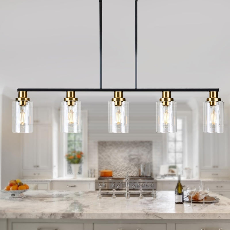 Dining Room Light Fixture,5-Light Farmhouse Linear Chandeliers for Dining Room over Table，Matte Black and Gold Finish Kitchen Island Pendant Lighting for Kitchen Island，Pool Table Light