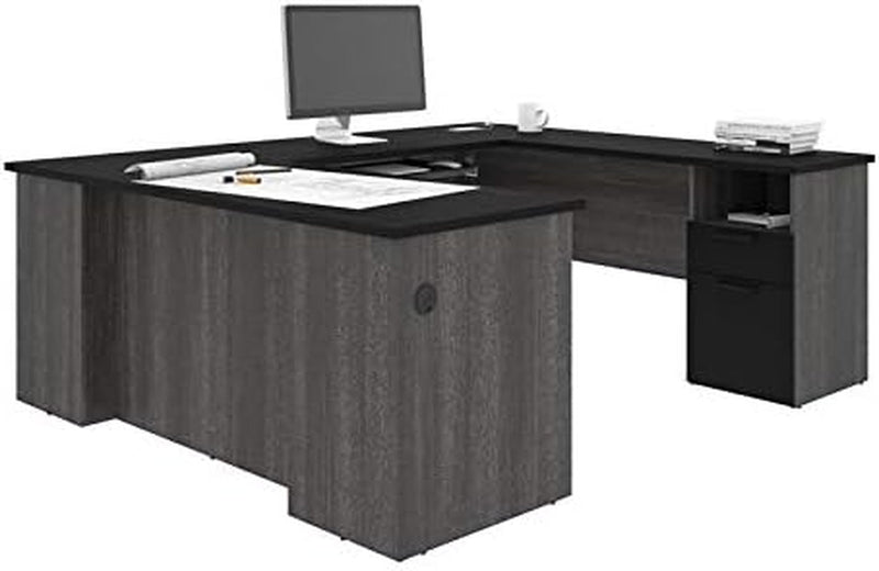 Atlin Designs 71" W X 58.9" D Modern U-Shaped Wood Computer Desk with 1 File Drawer, 1 Utility Drawer, 1 Open Storage, 1 Extension Keyboard Tray, for Office, in Black & Bark Gray Finish