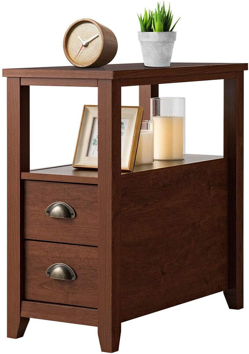 Giantex End Table W/ 2 Drawers and Shelf Space-Saving Rectangular Bedside Table with Metal Handle, Retro Side Table for Living Room Bedroom Home Furniture Side Table (1, Brown)