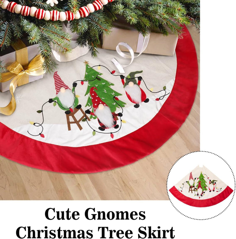 Burlap Christmas Tree Skirt, 48 Inch Soft Red Edge Tree Mat with Gnomes & String Lights Xmas Tree Skirt Christmas Holiday Decorations for Home Party Indoor