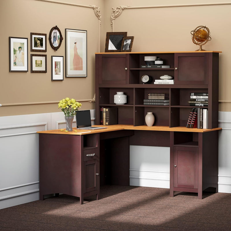 HOMCOM L Shaped Computer Desk with Hutch, 59" Corner Desk, Space Saving Home Office Desk with Storage Shelves, Drawer and Cabinet, Coffee Brown