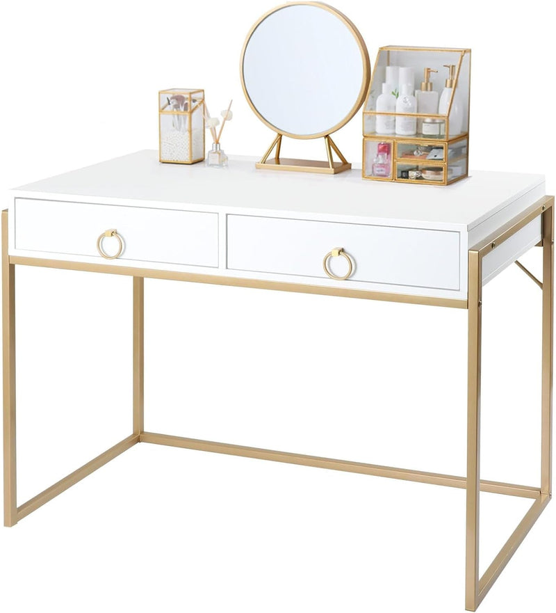 Anmytek Home Office Writing Desk 2 Drawers Storage, Contemporary Makeup Vanity Table Study Desk, W/Matte White and Gold Finish Frame D0003