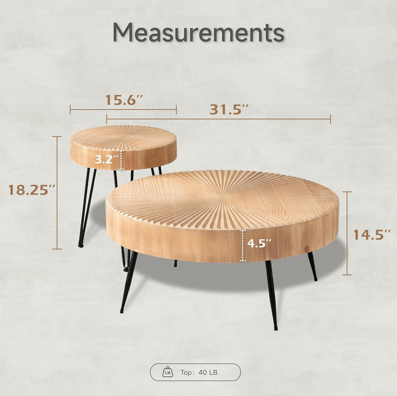 2-Piece Modern Farmhouse Coffee, Nesting round Natural Finish with Handcrafted Wood Radial Pattern Living Room Table Sets, 31.5D X 31.5W X 14.2H