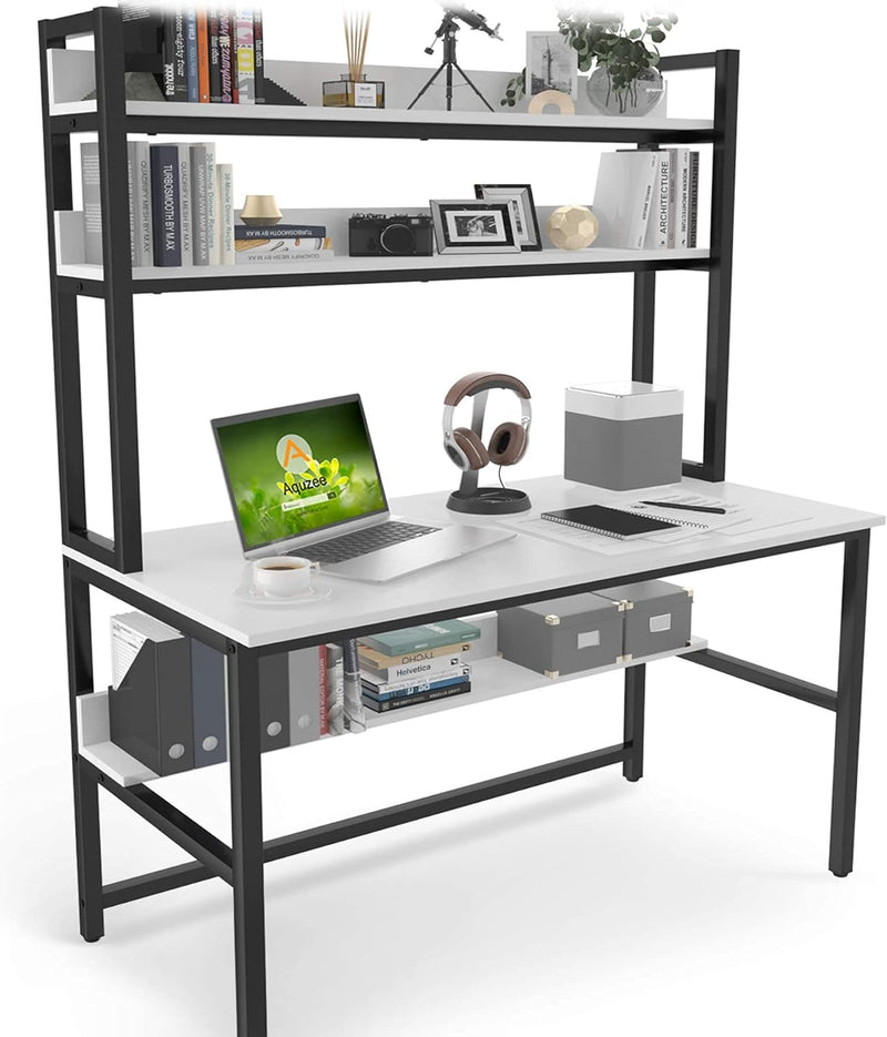 Aquzee Computer Desk with Hutch and Bookshelf, 47 Inch Wide White Home Office Desk with 3 Tier Storage Shelves, for Study Writing Work, Easy Assemble