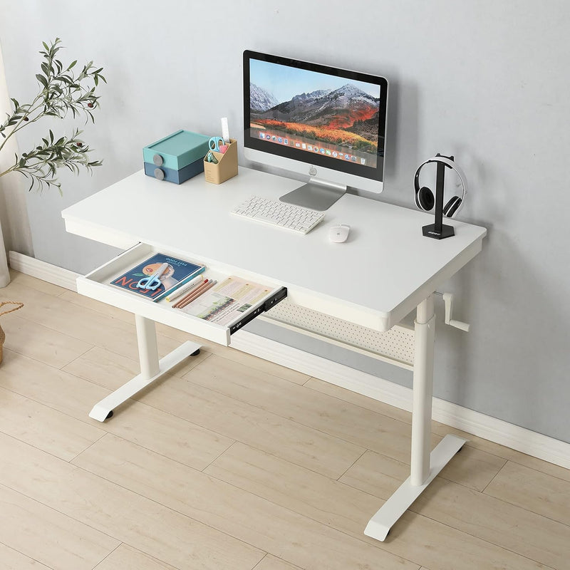 Beardslee Standing Desk with Metal Drawer,48 X 24 Inches Adjustable Height Stand up Desk, Sit Stand Home Office Desk, Ergonomic Workstation (White Tabletop)