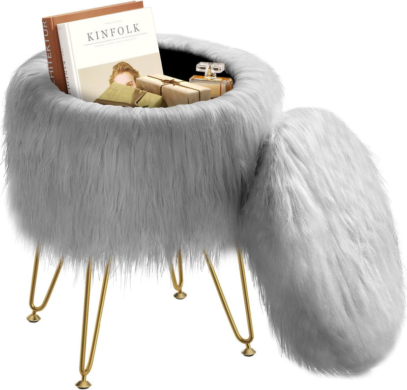 GREENSTELL Vanity Stool Chair with Storage, 13.5" W X 18" H round Faux Fur Ottoman with 4 Metal Legs, Furry Padded Seat, Modern Multifunctional Makeup Stool for Bedroom Living Room Black