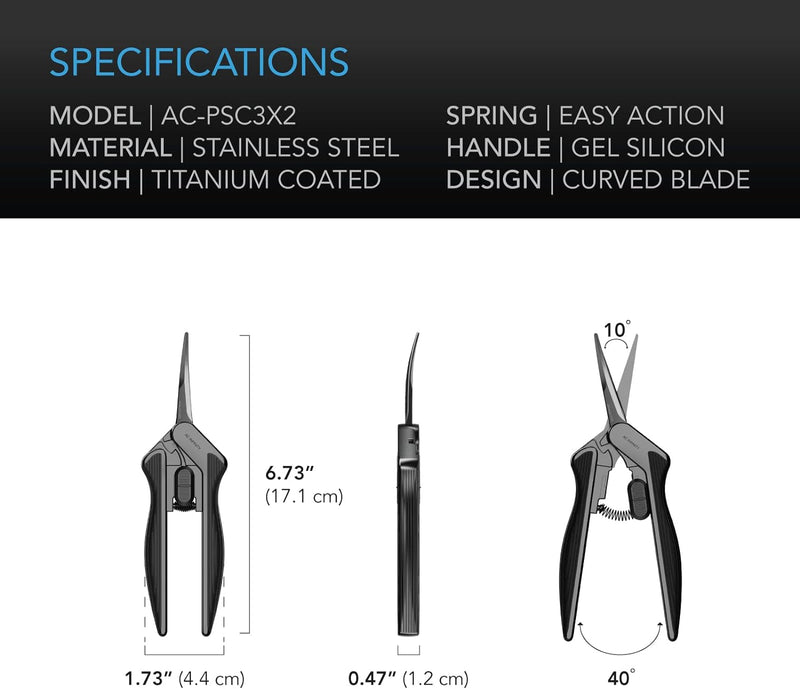 AC Infinity 6.6” Stainless Steel Curved Pruning Shear 2-Pack, Lightweight Ergonomic Design, Curved Precision Blades with Nonstick Titanium Coating for Gardening, Hydroponics, Grow Tents