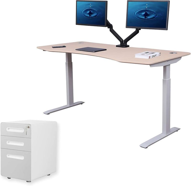 Apexdesk 60" Elite Height Adjustable Desk W/Cabinet Bundle (Light Oak Desk/White Cabinet)