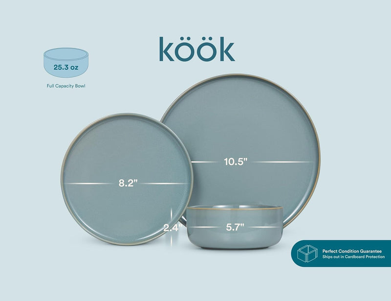 Dinnerware Set, 12 Piece Service for 4, by Kook, Ceramic 10.5” Dinner Plates, 8.2” Salad Plates and 25 Oz Soup Bowls, Stoneware, Microwave and Dishwasher Safe, 12 Piece Set (Sage Green)