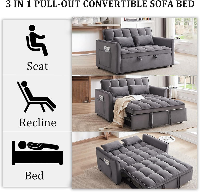 3 in 1 Pull Out Convertible Sofa Bed - 55" Modern Velvet Sleeper Sofa with 3 Level Adjustable Backrest, Tufted Love Seat W/ 2 Pockets ＆ 2 Pillows for Bedroom (Full Size,Tufted Grey)