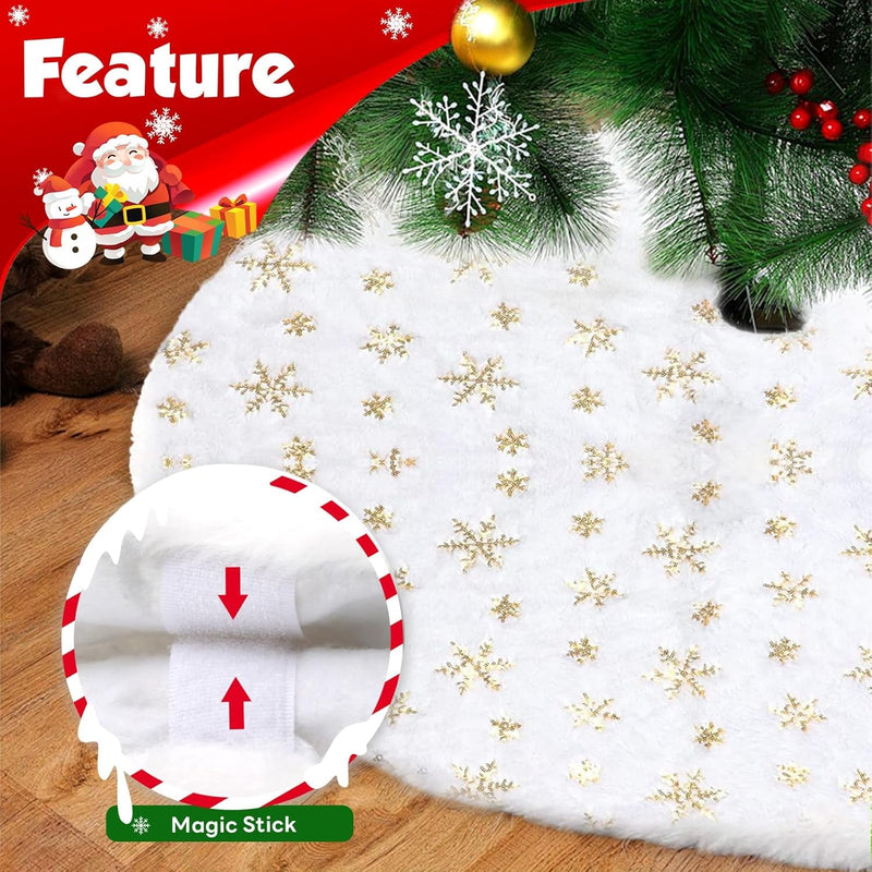 Christmas Tree Skirt 36 Inch, Holiday Part Decorations for Christmas Tree, Whit Plush Gold Sequin Snowflake Tree Shirt for Xmas