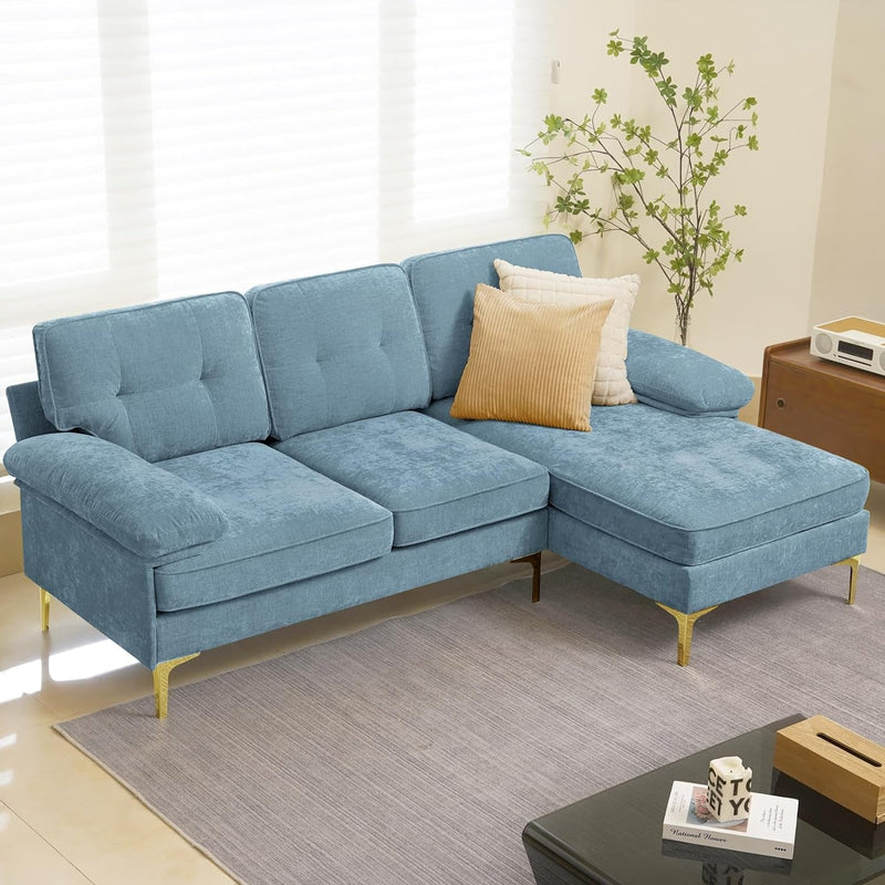 COHOME Convertible Sectional Sofa, 82-Inch Modern Chenille L-Shaped Couch with Reversible Chaise Lounge,3-Seat Apartment Couch for Living Room with Washable Cover,Dim Blue