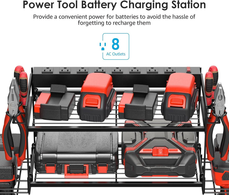 CCCEI Garage Tools Storage with Charging Station. Power Tool Battery Organizer Utility Shelf with Power Strip. 4 Drills Holder Wall Mount Rack, Black.