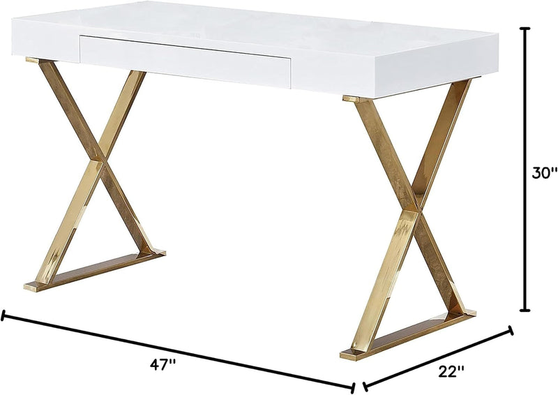 Best Master Furniture Barry Mid-Century High Gloss Home Office Desk with Gold Trim Frame