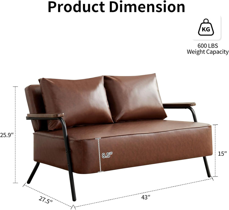 Cpintltr 44” W Small Loveseat Sofa Couch Faux Leather Modern Futon Sofa Bed with Wider Seat Depth Upholstered 2-Seat Love Seats Sleeper Sofa for Living Room Bedroom Apartment Office (Coffee)