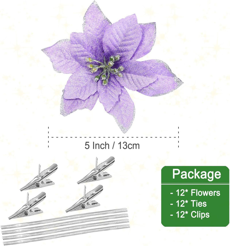 12Pcs 5 Inch Glitter Artificial Poinsettia Flowers with Ties for Wedding Christmas Festival Holiday Decor Xmas Wreath Garland Ornament Purple