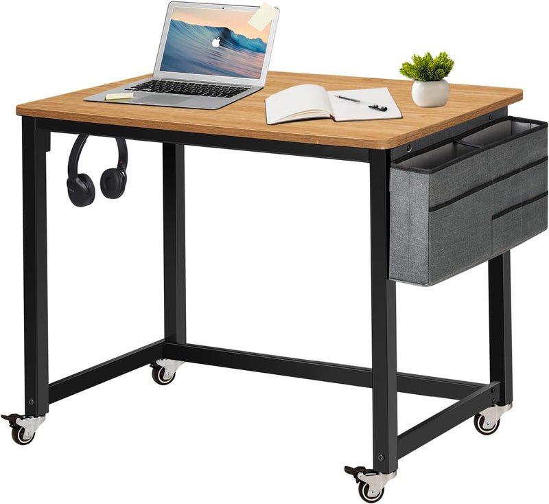 AHB 47" Rolling Computer Desk with 4 Smooth Wheels and 3 Iron Hooks, Simple Style Mobile Writing Desk Home Office Study Table Movable Workstation with Metal Frame