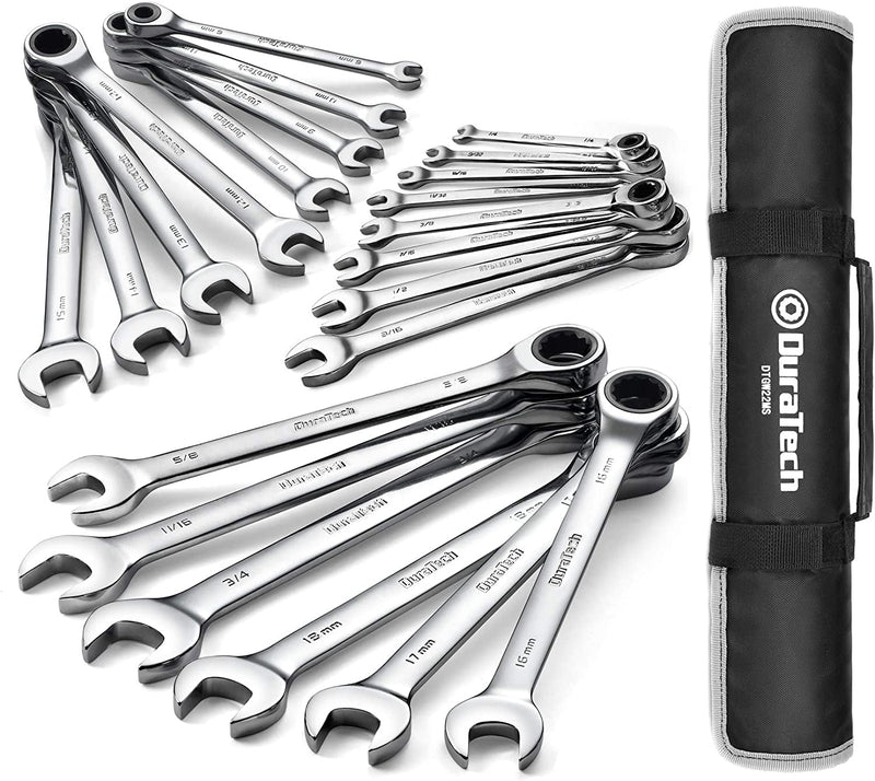 DURATECH Ratcheting Wrench Set, Combination Wrench Set, SAE & Metric, 22-Piece, 1/4" to 3/4" & 6-18Mm, CR-V Steel, with Pouch