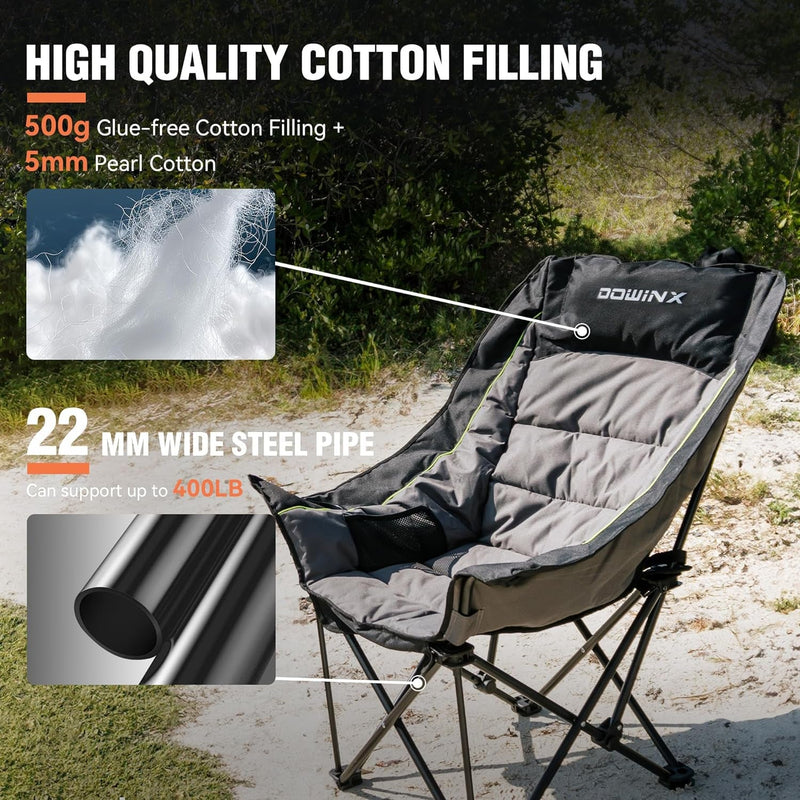 Dowinx Oversized Extra Large Camping Chair for Adults, Lawn Chairs, Folding, 3 Levels Adjustable Padded Camping Chair, Heavy-Duty 600D Oxford Cloth, with Cup Holder, 400 Pound Capacity, Black