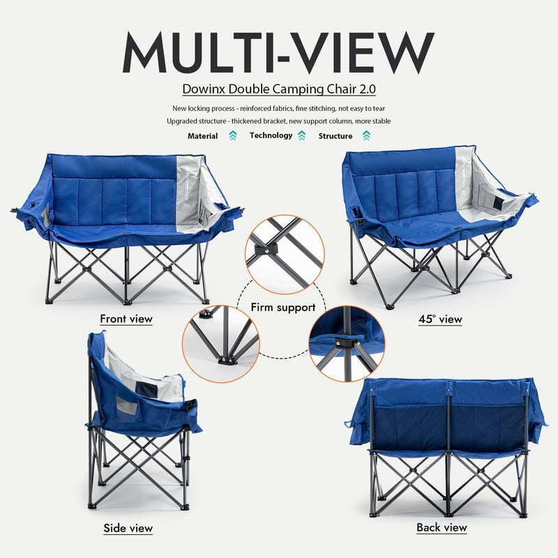 Dowinx Double Camping Chair Portable Folding Outdoor Loveseat with Side Pockets, Lawn Chair Camping Couch for Beach/Outdoor/Patio, Padded Seats & Armrests Supports up to 440Lbs, (Blue PRO)