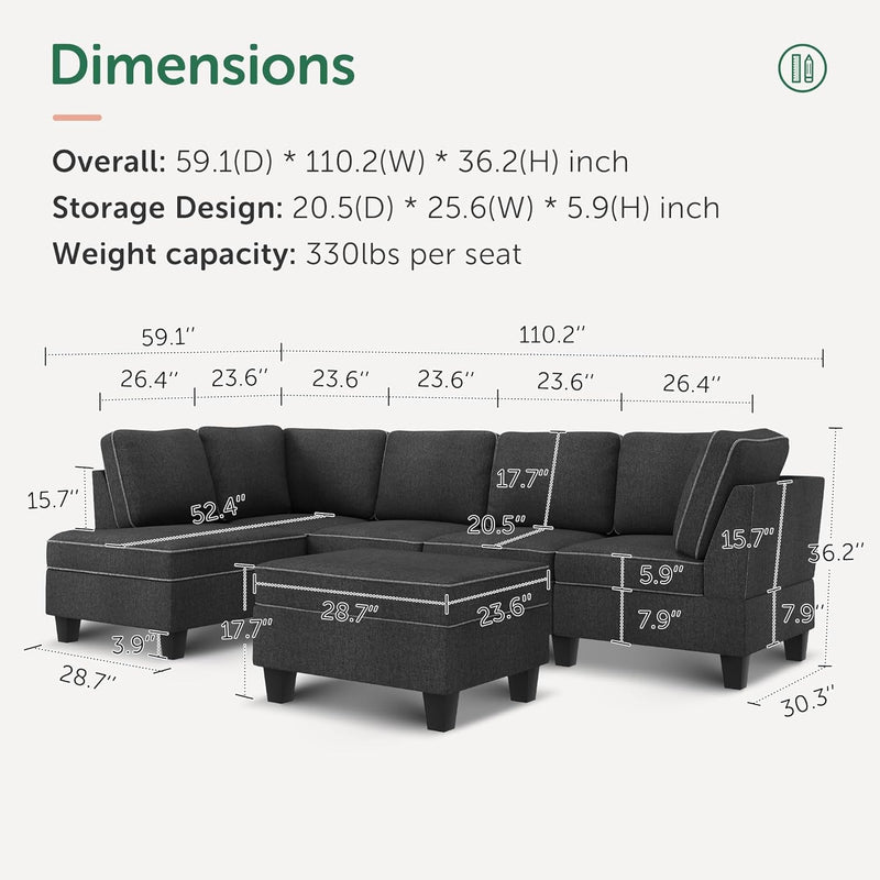 HONBAY Convertible Sectional Sofa with Storage, L Shape Couch with Ottoman, Reversible Sectional Couch for Living Room, Dark Grey